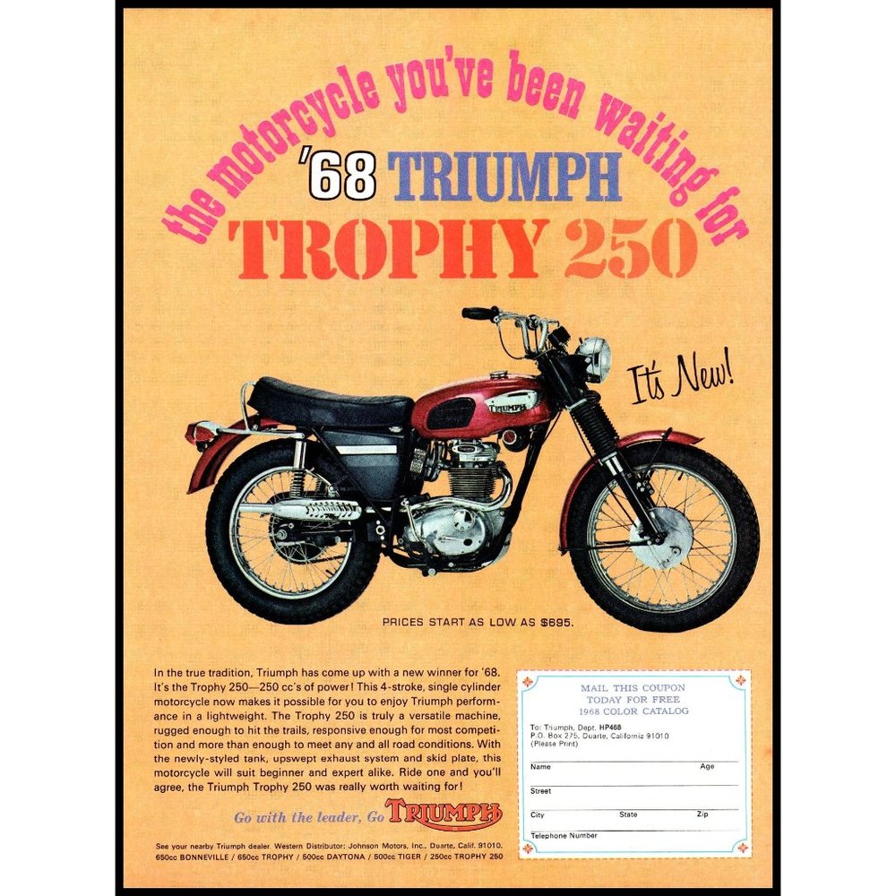1968 Triumph Trophy 250 Red Motorcycle Vintage Print Ad Johnson Motors Wall Art